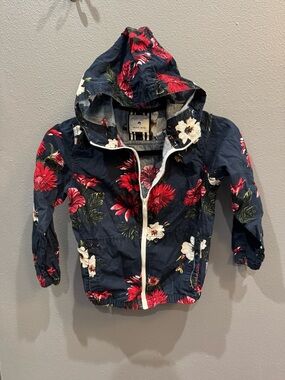 Denim & Flower Navy Floral Hooded Raincoat with Red & White Blooms